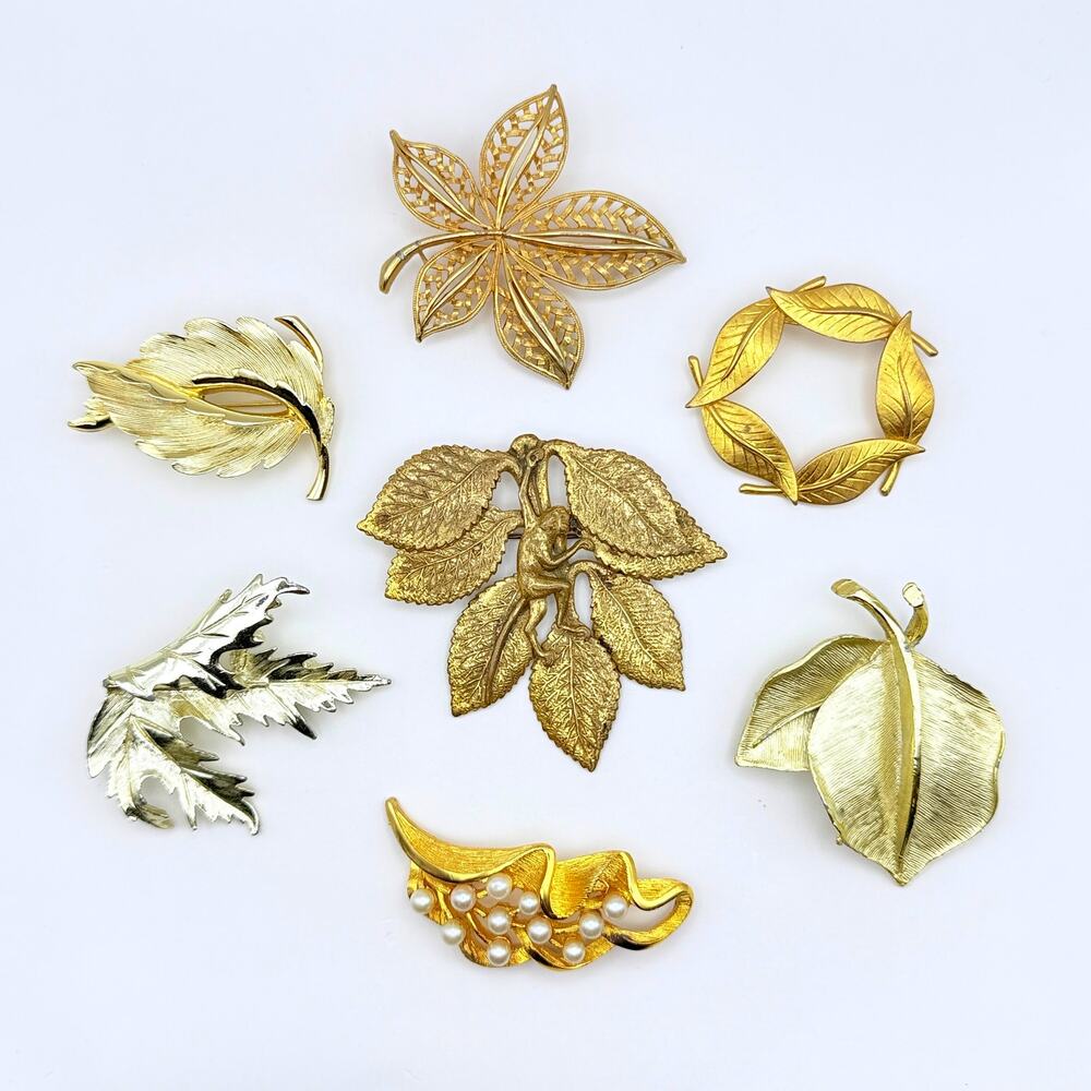 Lot of 7 Vintage Leaves Brooches Monkey Faux Pearls Filigree Oak Retro Gold Tone